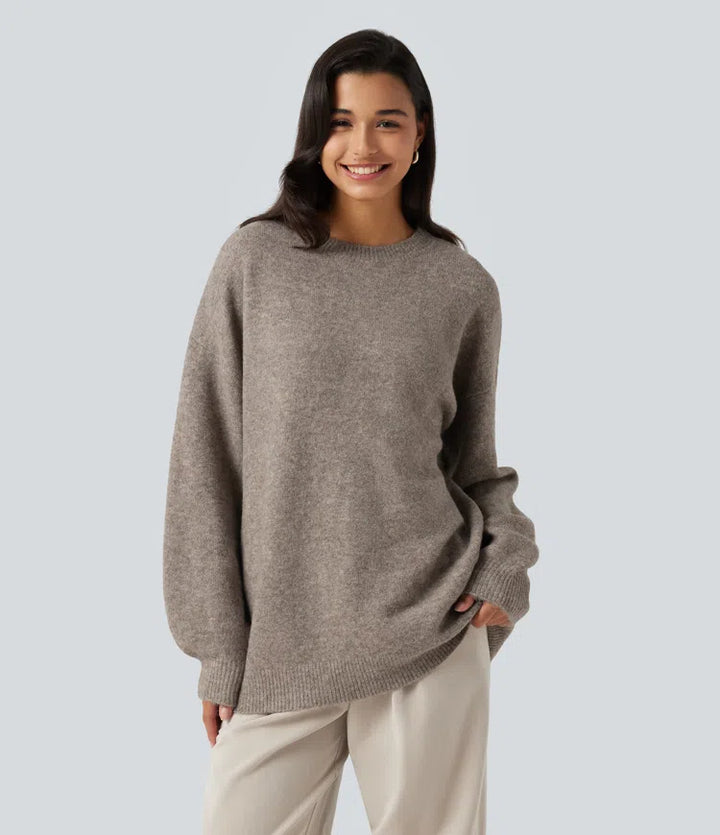 Round Neck Dropped Long Sleeve Work Wool-Blend Jumper