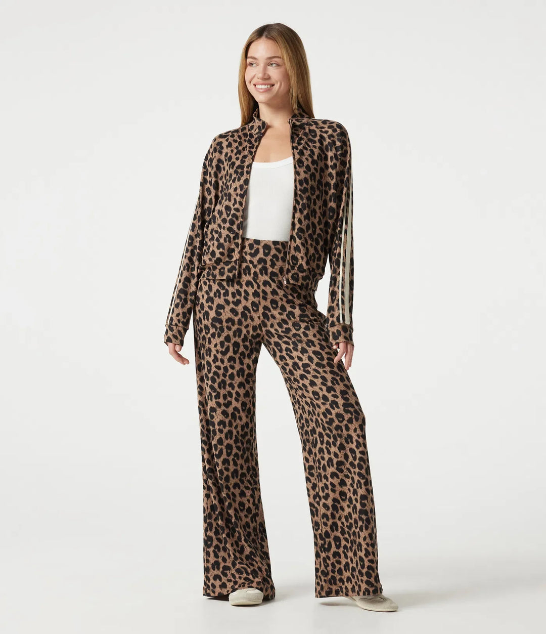 Stand Collar Zipper Long Sleeve Color Block Leopard Print Waffle Casual Jacket with Pockets