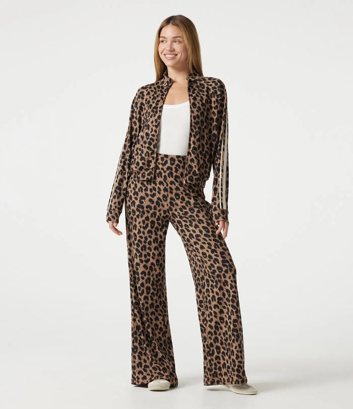 Stand Collar Zipper Long Sleeve Color Block Leopard Print Waffle Casual Jacket with Pockets