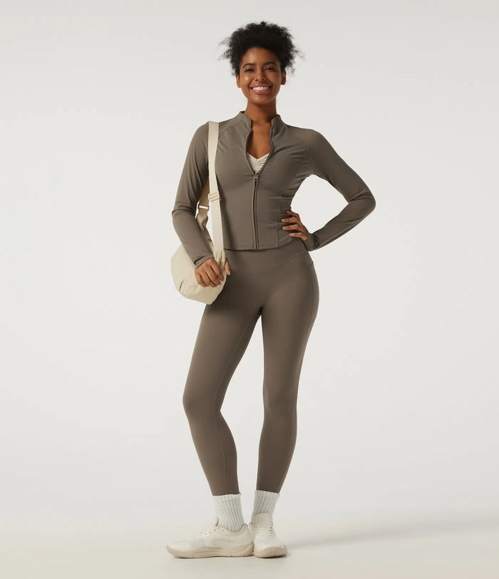 Halara UltraSculpt Mock Neck Long Sleeve Yoga Curvy Jacket with Thumbholes and Pockets