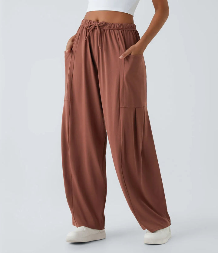 Mid Rise Elastic Waistband Drawstring Side Pocket Palazzo Flowy Wide Leg Casual Trousers