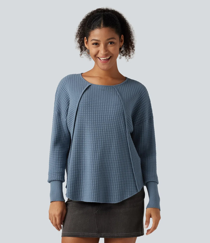 Round Neck Bishop Long Sleeve Curved Hem Casual Jumper