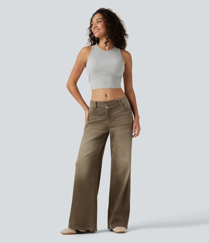 Low Rise Asymmetric Wide Leg colourful Casual Jeans with Pockets