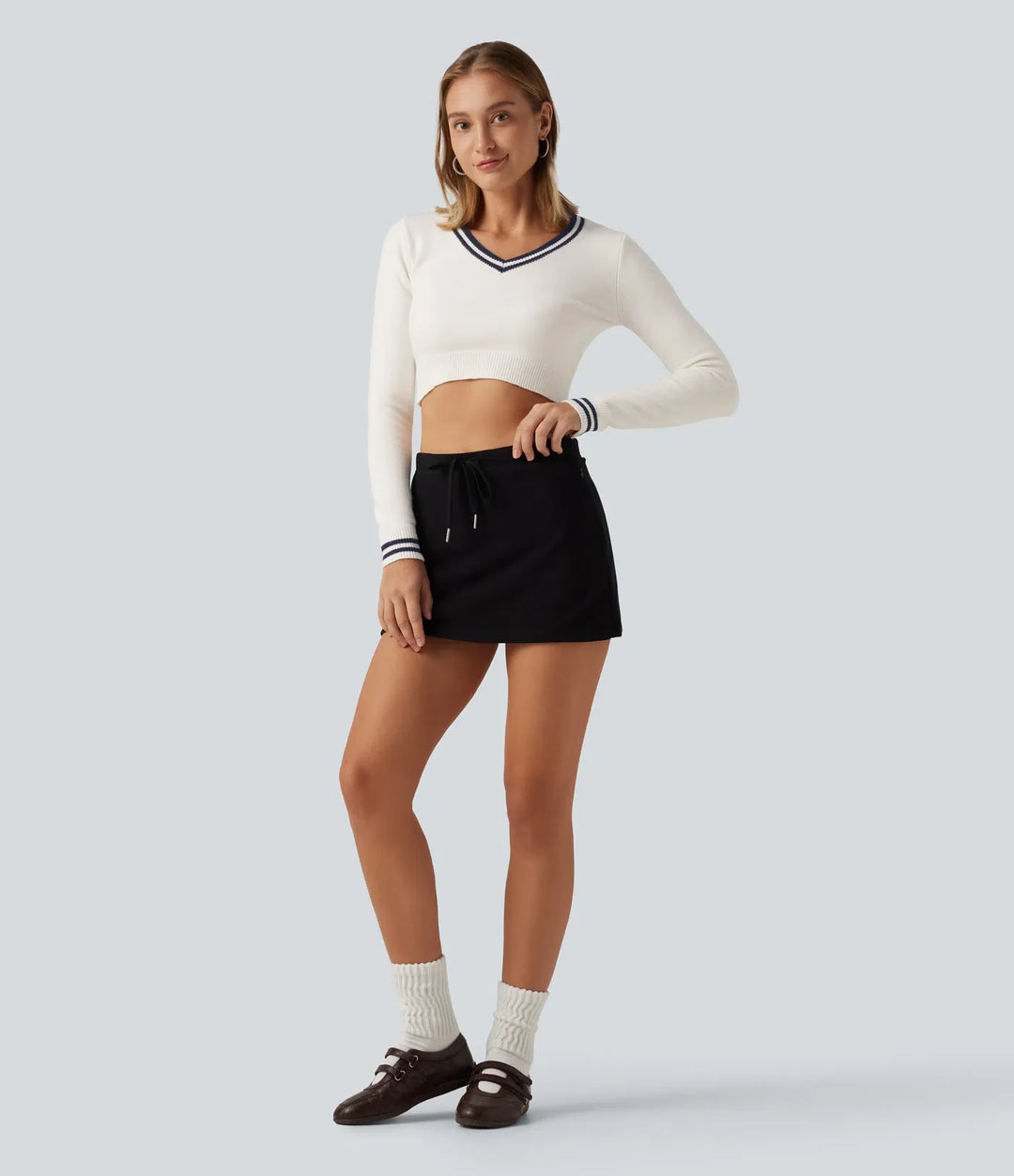 V Neck Slim Long Sleeve Patterned Casual Cropped Jumper