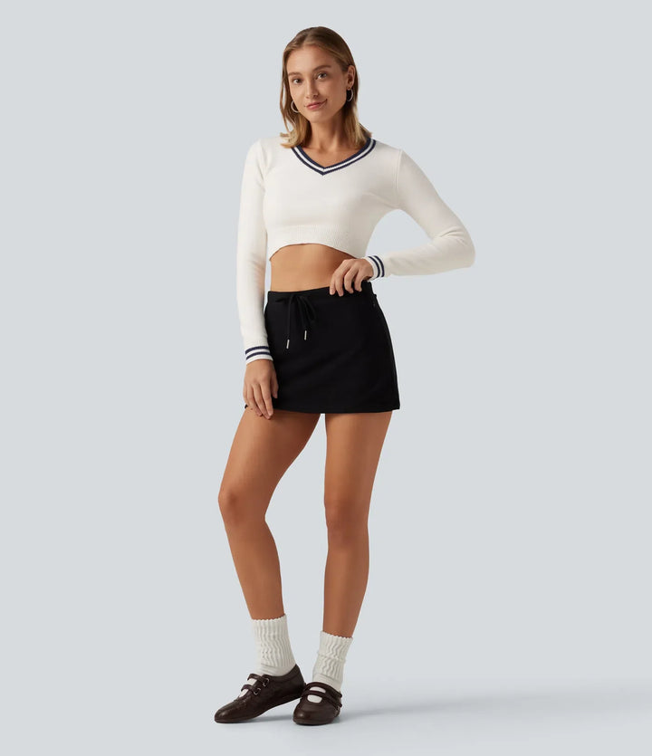 V Neck Slim Long Sleeve Patterned Casual Cropped Jumper
