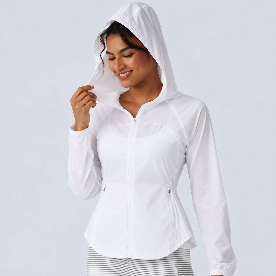 Hooded Drawstring Contrast Mesh Workout Jacket with Pockets
