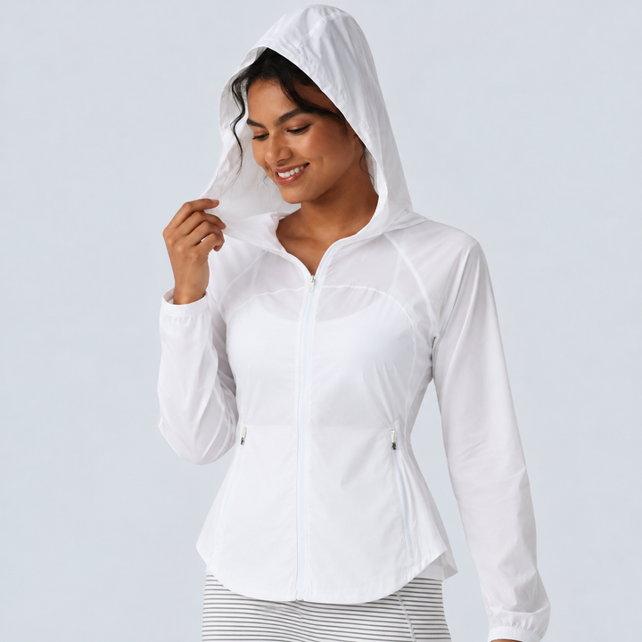Hooded Drawstring Contrast Mesh Workout Jacket with Pockets