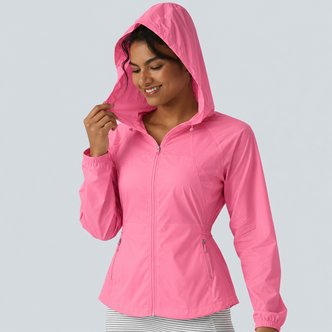 Hooded Drawstring Contrast Mesh Workout Jacket with Pockets
