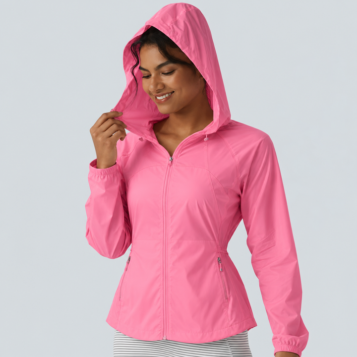 Hooded Drawstring Contrast Mesh Workout Jacket with Pockets