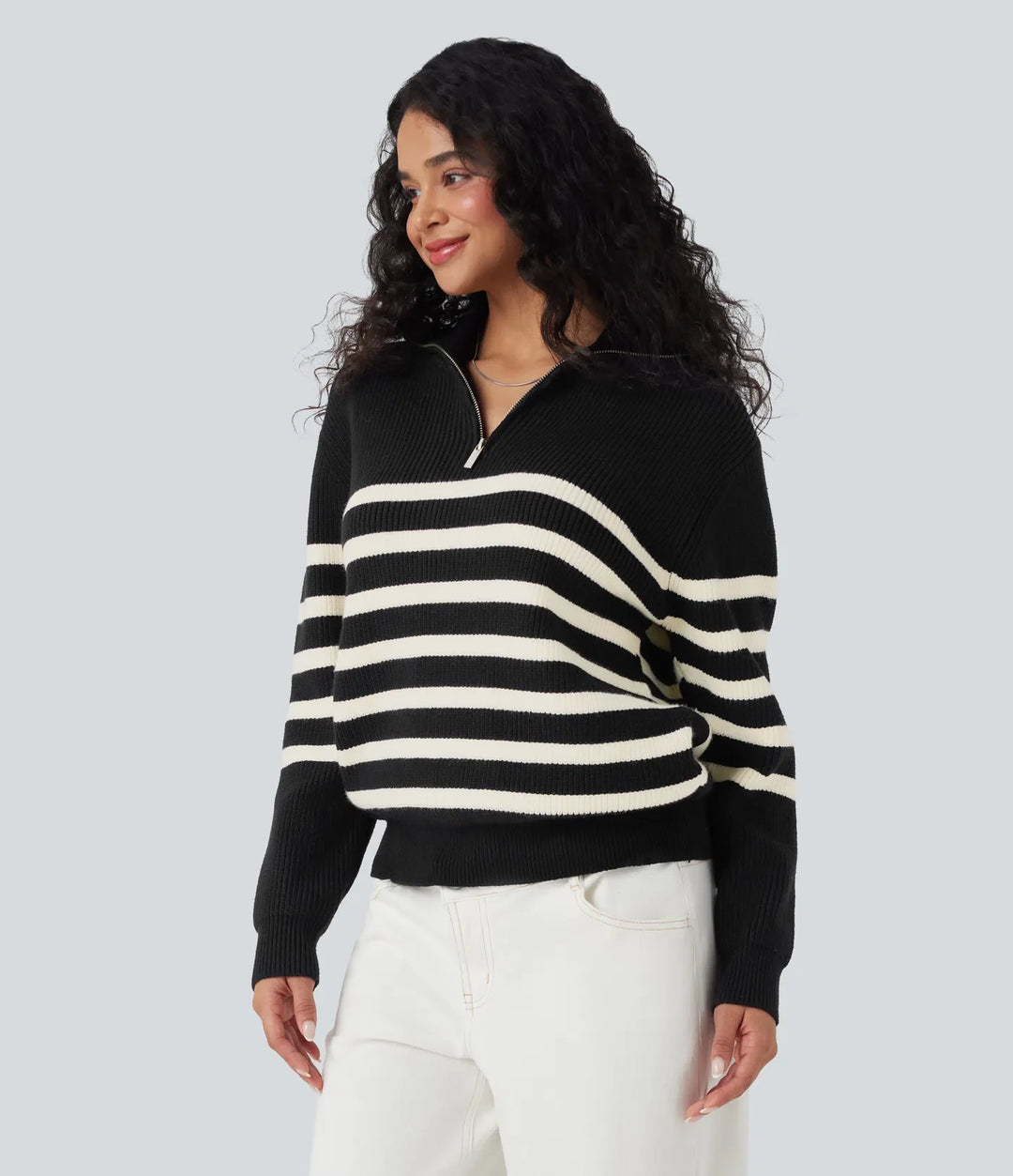 Half Zip Lapel Color Block Striped Casual Jumper