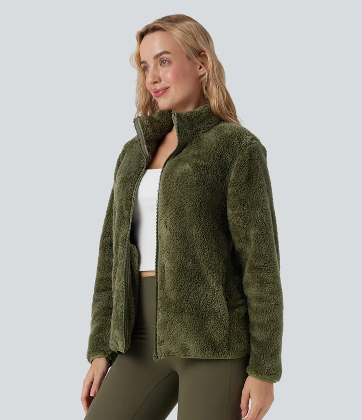 Stand Collar Long Sleeve Casual Sherpa Jacket with Pockets