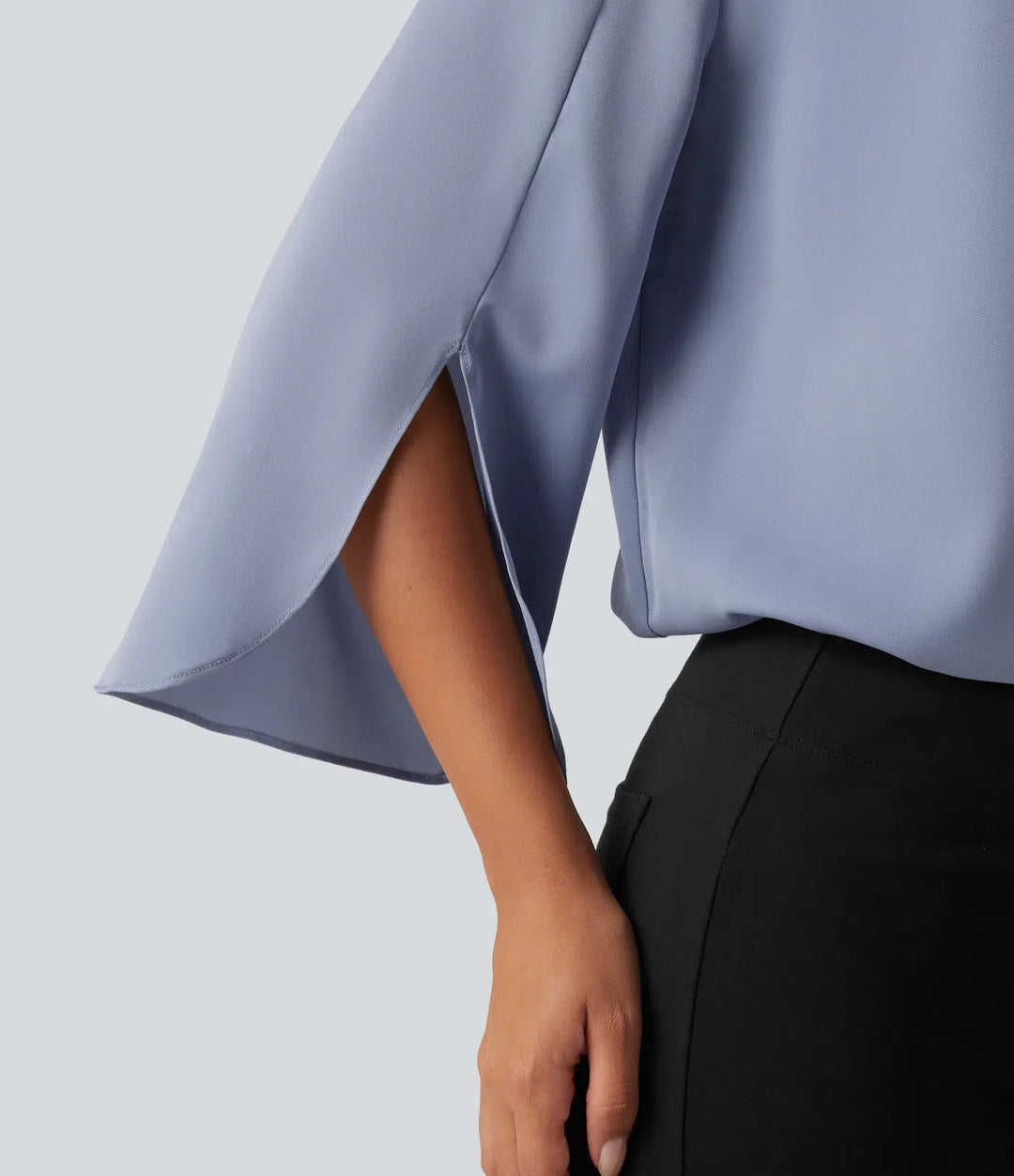 V Neck Flounce Long Sleeve Curved Hem Work Blouse