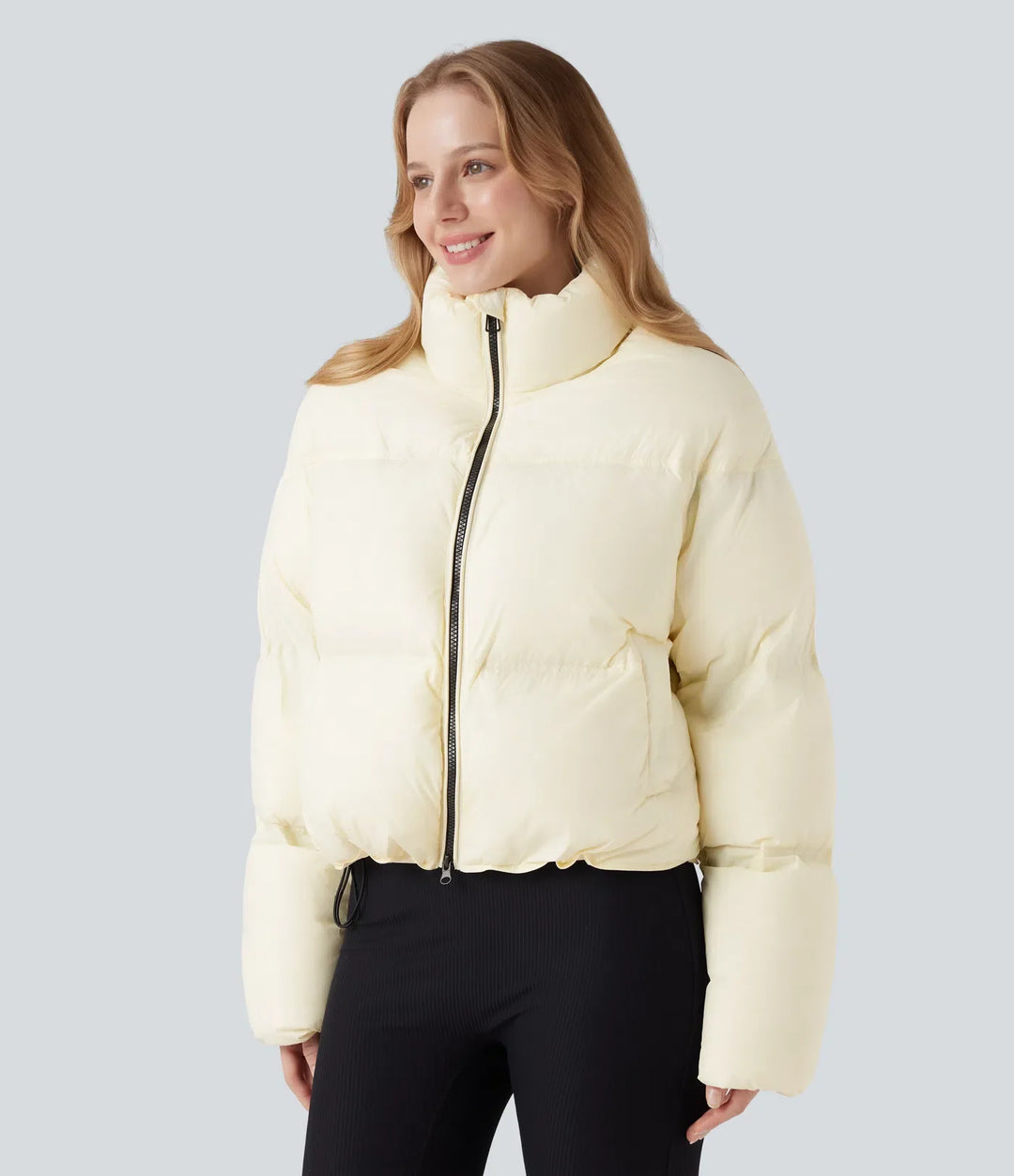 Stand Collar Drawstring Hem Casual Puffer Down Jacket with Pockets