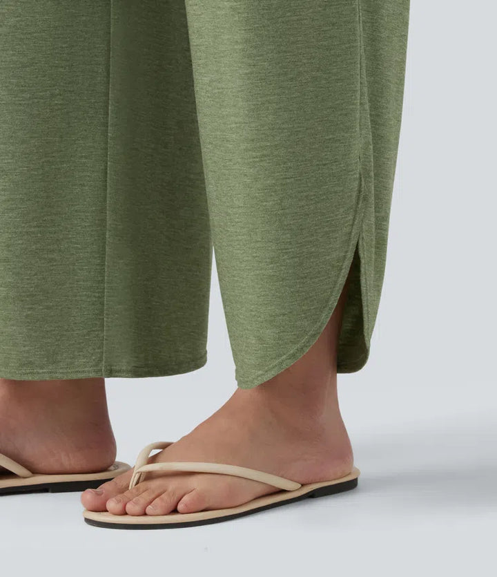 High Waisted Tummy Control Curved Hem Casual Trousers with Pockets