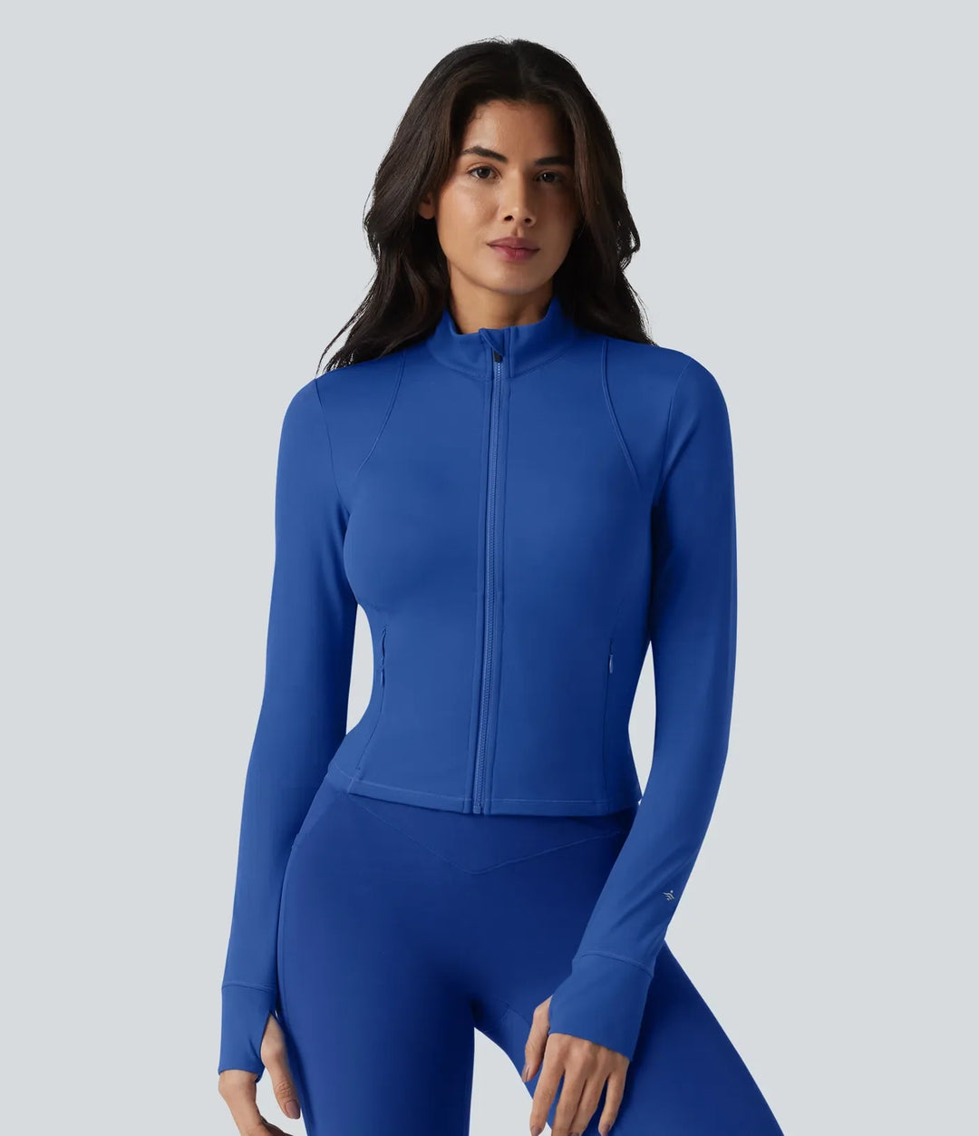 SoftlyZero Plush Stand Collar Long Sleeve Thumb Holes Twisted Back Breathable Mesh Yoga Jacket with Pockets