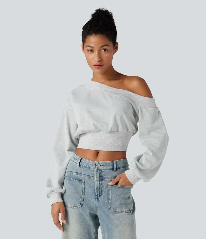 One-shoulder Long Sleeve Cropped Casual Sweatshirt