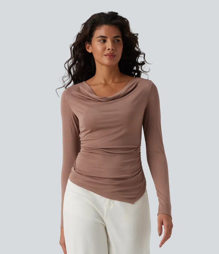 Ribbed Halter Off Shoulder Long Sleeve Ruched Asymmetric Hem Casual Top