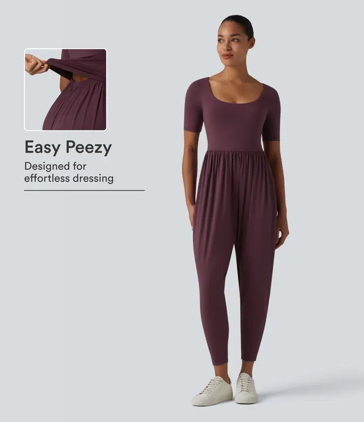 SoftlyZero Airy Scoop Neck Short Sleeve Built-in Bra InstantCool Casual Jumpsuit with Pockets-Easy Peezy Edition