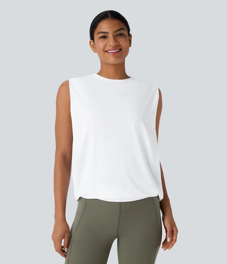 Round Neck Ruched InstantCool Yoga Tank Top-UPF50+