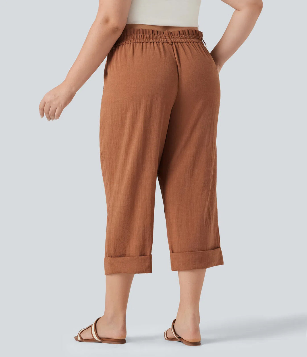 High Waisted Capri Linen-Feel Resort Plus Size Trousers with Pockets