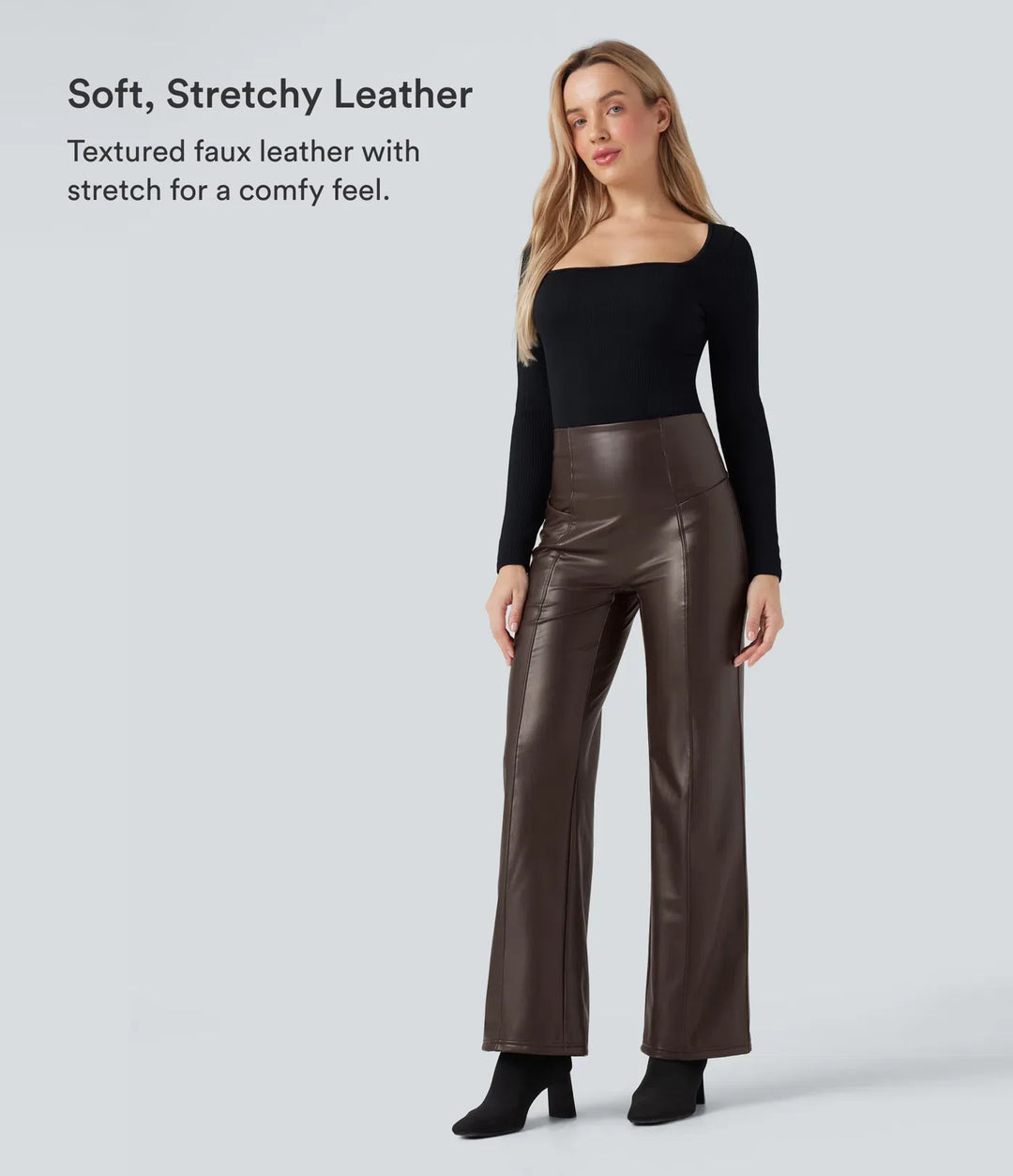High Waisted Tummy Control Stretchy PU Fleece Casual Flare Trousers with Pockets