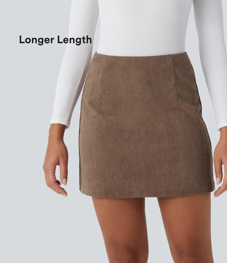 High Waisted Invisible Zipper 2-in-1 A Line Mini Corduroy Casual Skirt-Longer Length