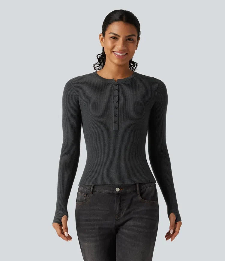 Henley Neck Long Sleeve Thumb Hole Work Wool-Blend Jumper