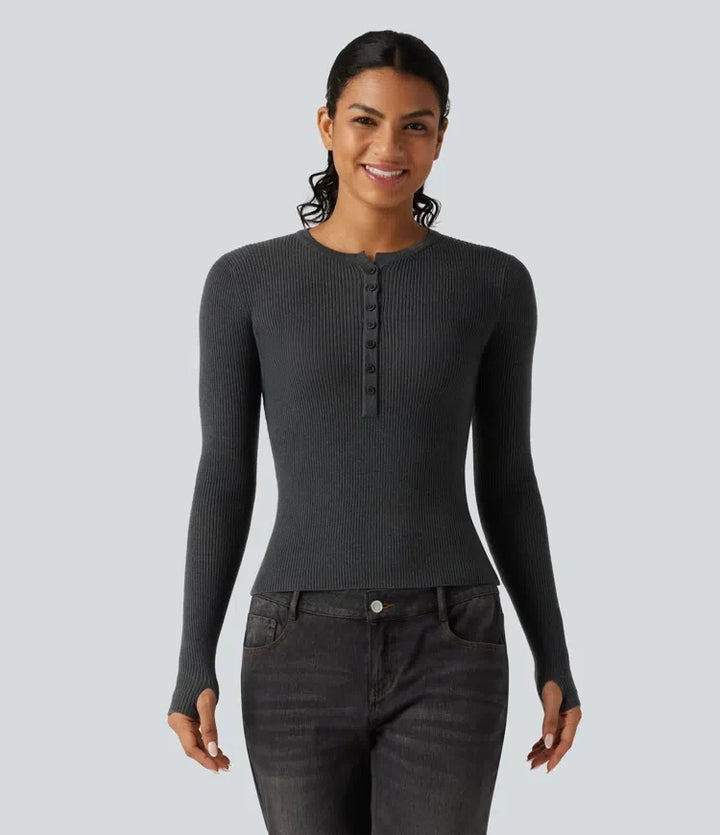 Henley Neck Long Sleeve Thumb Hole Work Wool-Blend Jumper