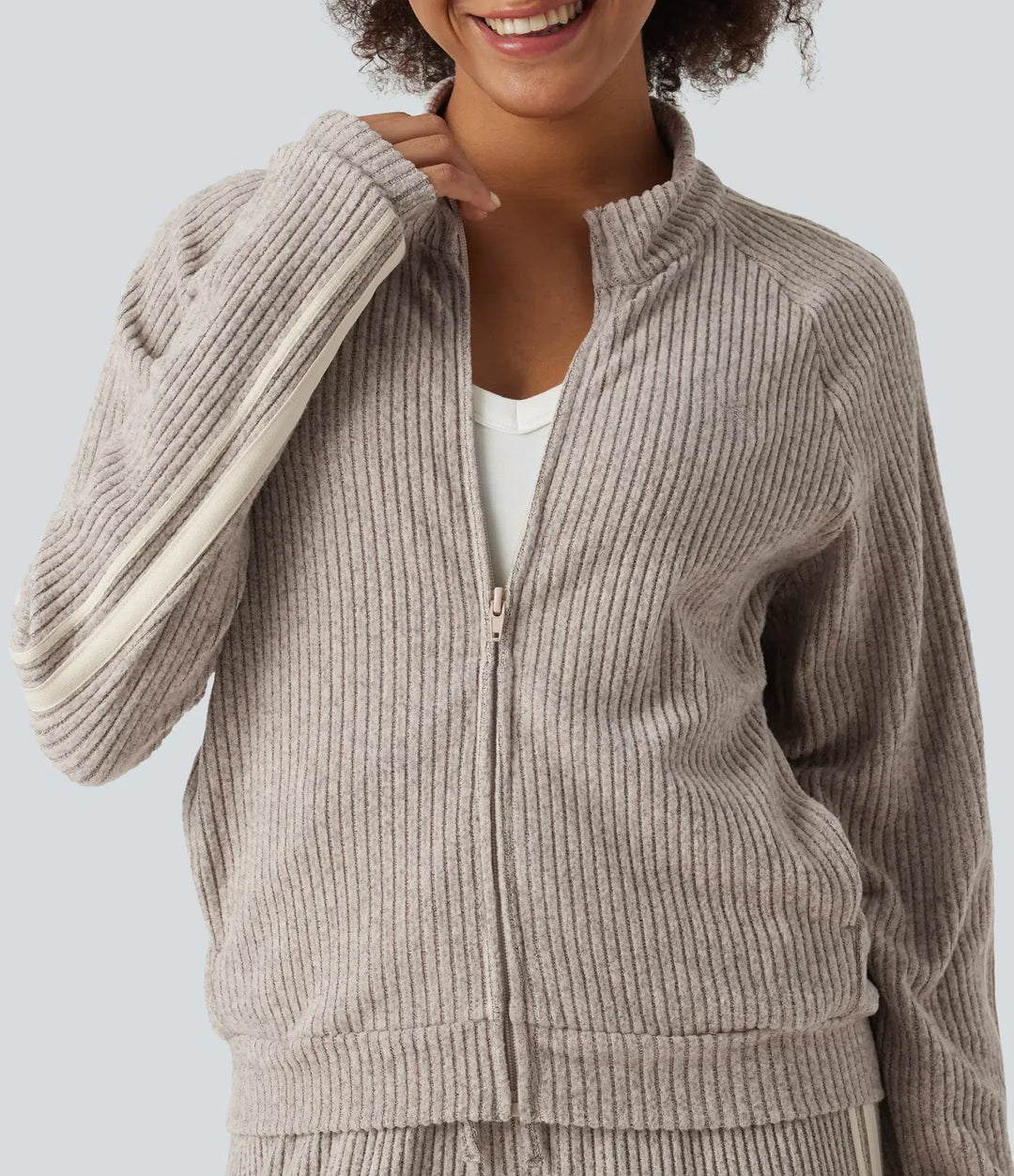 Ribbed Knit Stand Collar Side Stripe Long Sleeve Casual Track Jacket with Pockets
