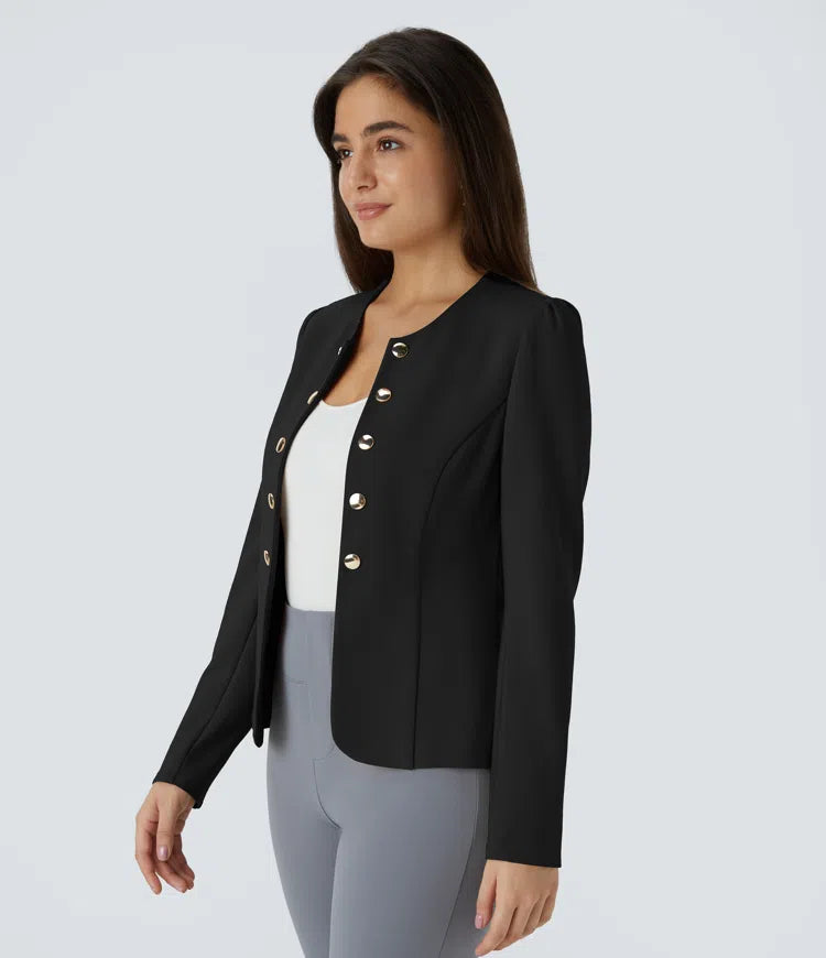 Round Neck Long Sleeve Decorative Button Slim Work Blazer
