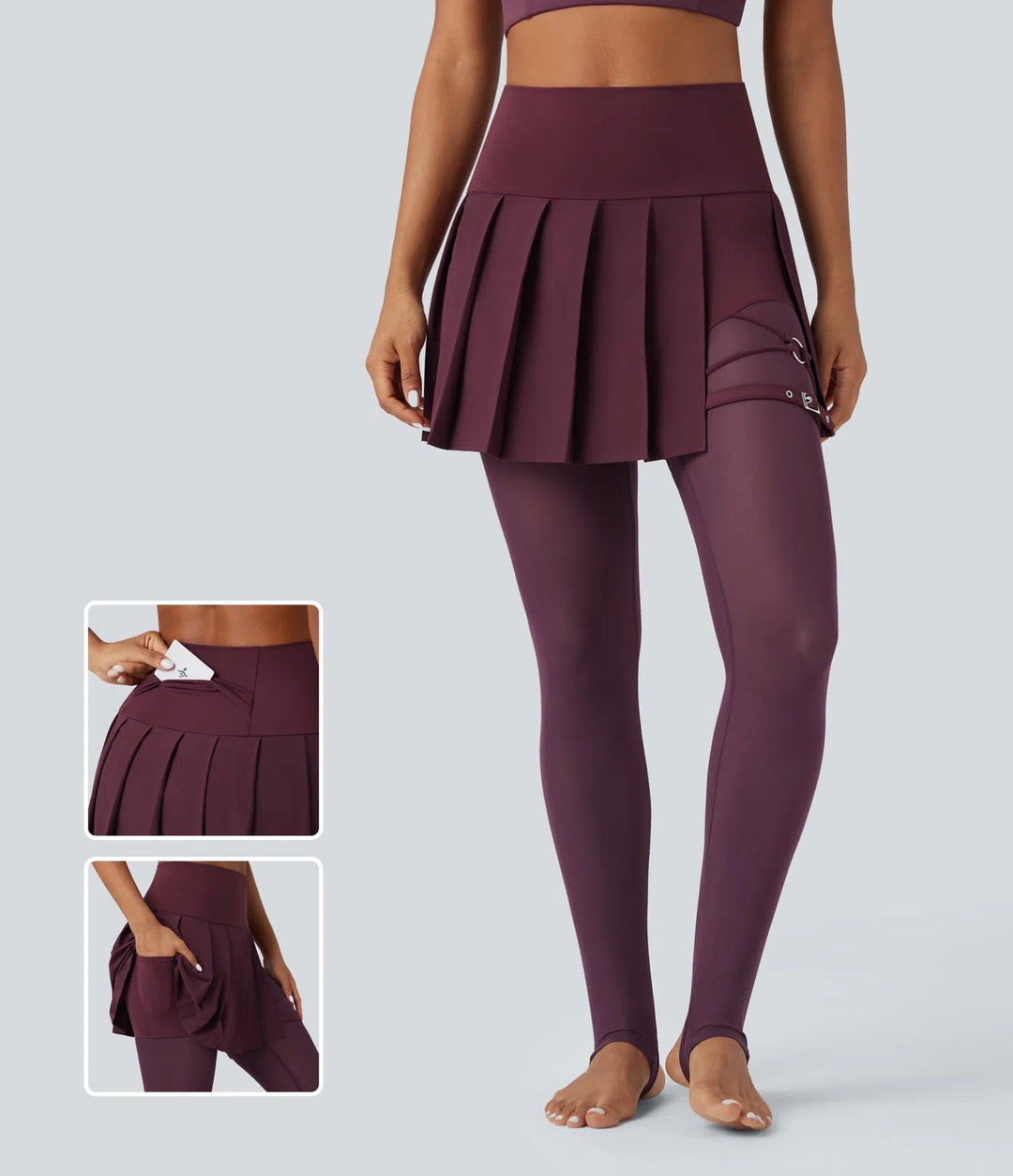 Breezeful High Waisted Pleated 2-in-1 Contrast Mesh Quick Dry Dance Stirrup Skirted Leggings with Pockets