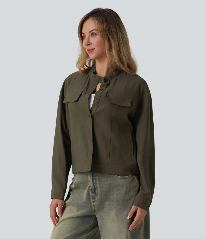Stand Collar Long Sleeve Casual Cargo Jacket with Pockets