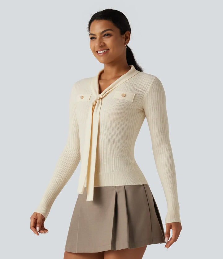 V Neck Long Sleeve Tie Front Slim Work Jumper