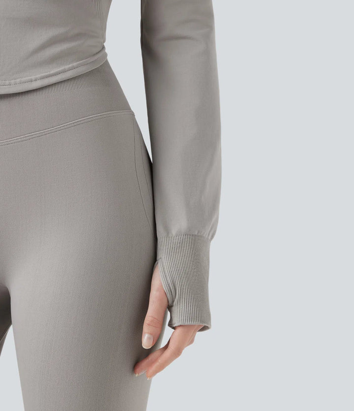 OneForm Seamless Flow Hooed Zipper Long Sleeve Thumb Hole Curved Hem Yoga Jacket