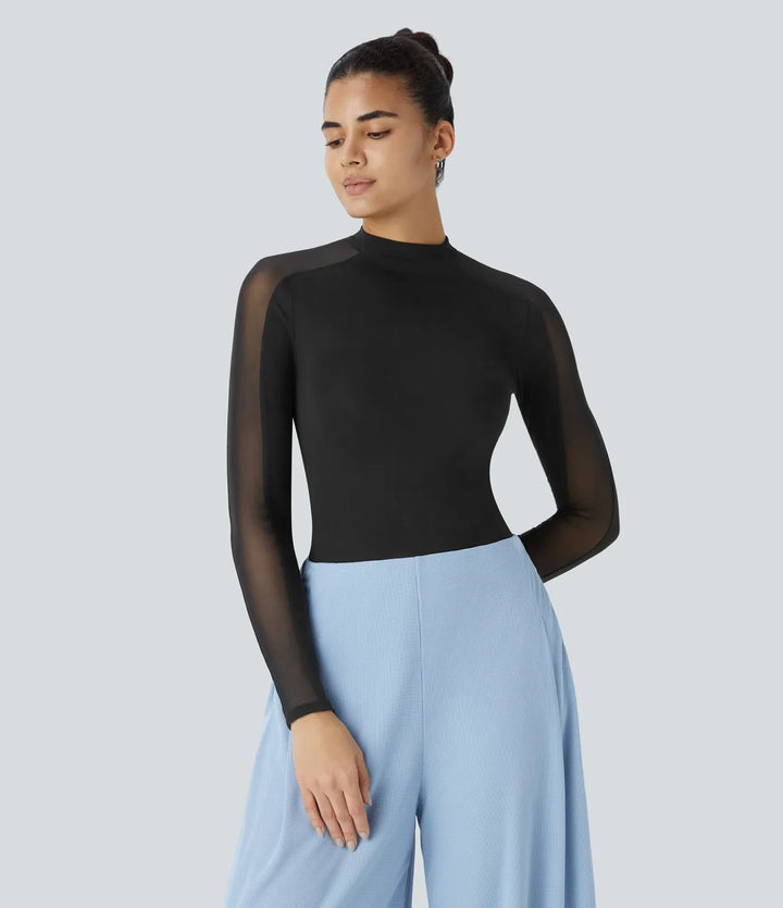 Stand Collar Raglan Long Sleeve Contrast Mesh Skinny Work Top