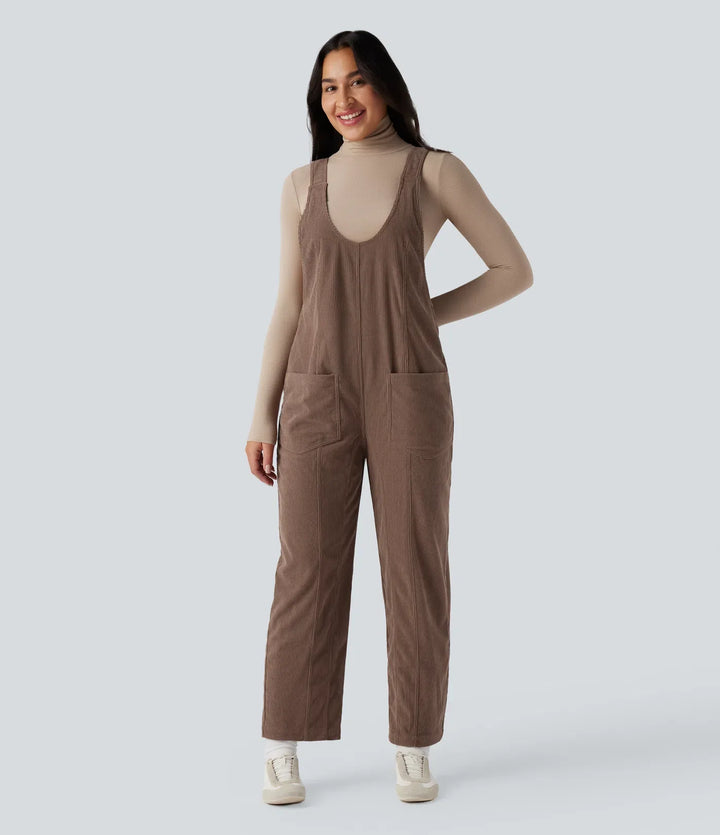 V Neck Corduroy Casual Overalls with Pockets