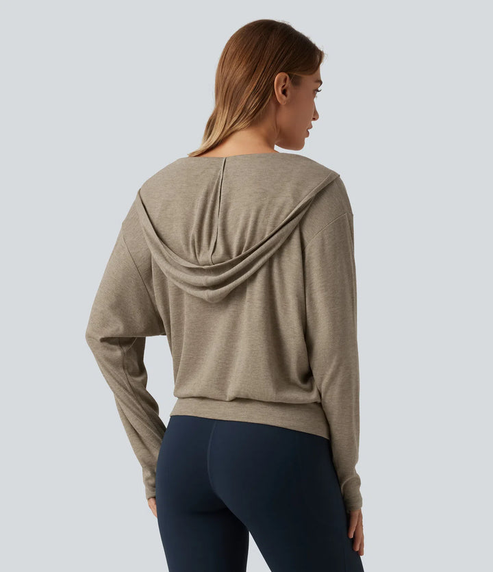 Hooded Dropped Long Sleeve Crossover Wrapped Yoga Sports Top