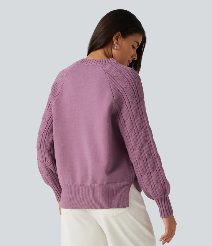 Round Neck Long Sleeve Slit Hem Casual Jumper