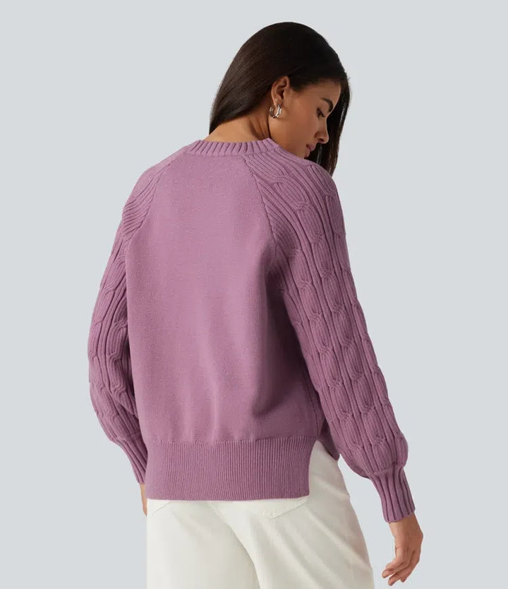 Round Neck Long Sleeve Slit Hem Casual Jumper