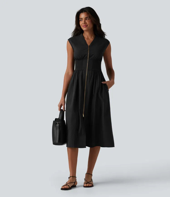 V Neck Sleeveless 2-Way Zipper Midi Work Dress with Pockets
