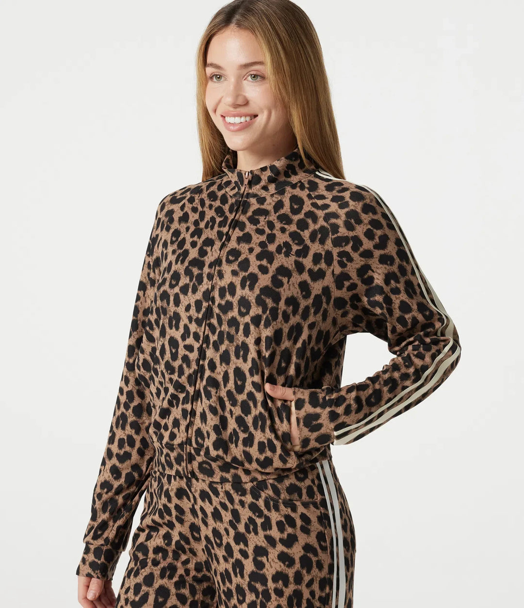 Stand Collar Zipper Long Sleeve Color Block Leopard Print Waffle Casual Jacket with Pockets