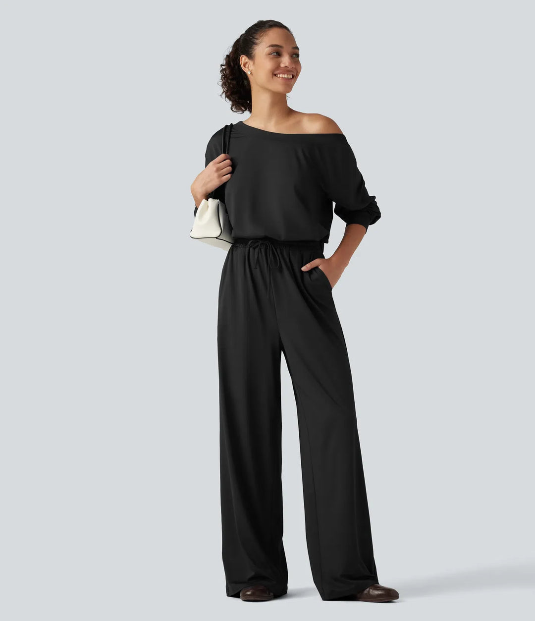 One Shoulder Long Sleeve Drawstring Baggy Casual Jumpsuit with Pockets-Easy Peezy Edition