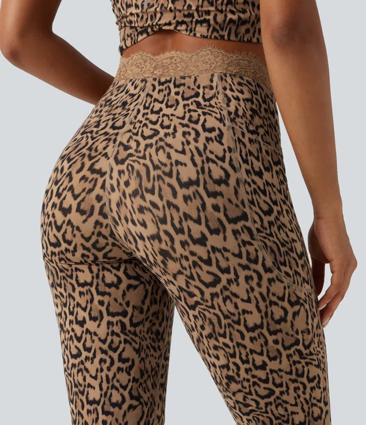 Halara UltraSculpt Leopard Print V-Shaped High Waisted Contrast Lace Yoga Flare Leggings with Pockets