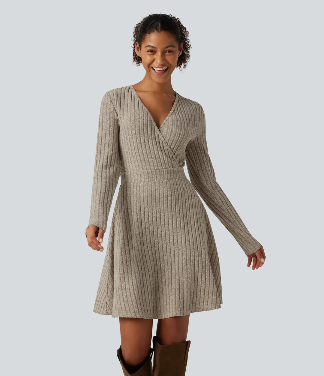 Ribbed Knit V-Neck Crossover Long Sleeve Mini Casual Dress