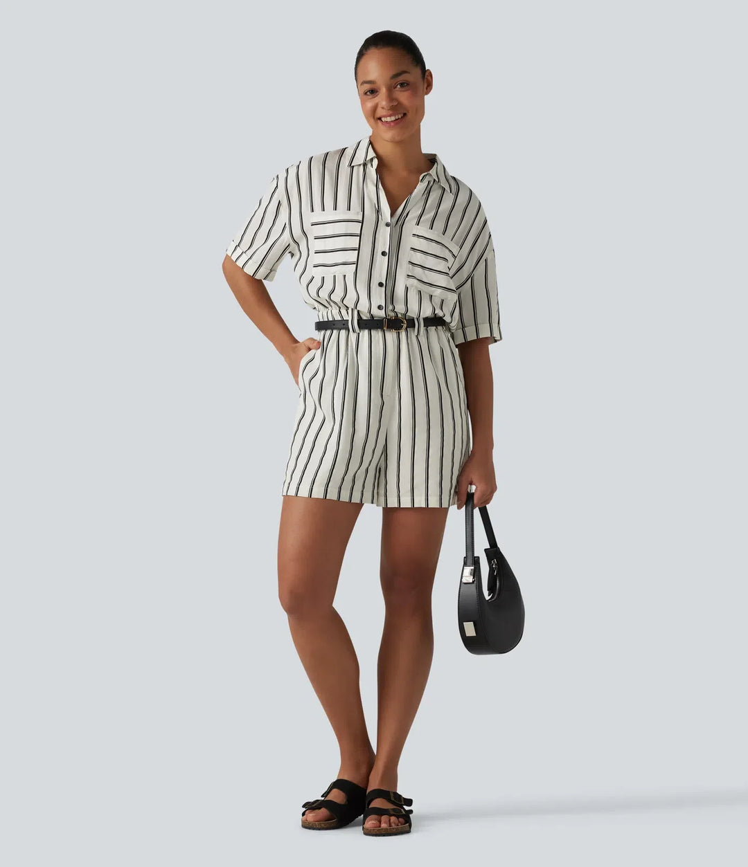 Short Sleeve Stripe Casual Shirt Romper with Pockets