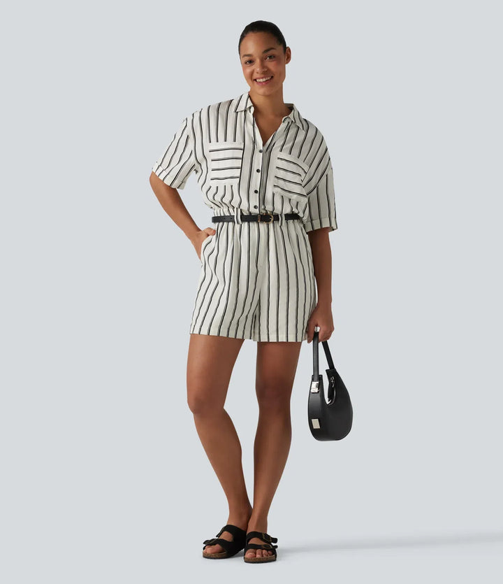 Short Sleeve Stripe Casual Shirt Romper with Pockets