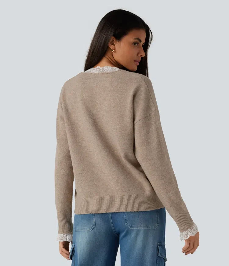 V Neck Contrast Lace Dropped Long Sleeve Casual Jumper