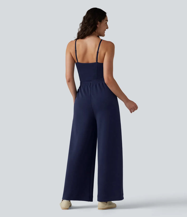SpacerTek Removable Straps Drawstring Built-in Bra Casual Jumpsuit with Pockets-Easy Peezy