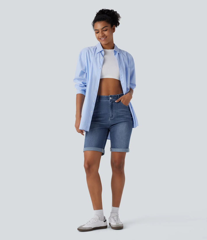 Halara Flex High Waisted Pockets Rolled Hem Washed Denim Casual Bermuda Shorts