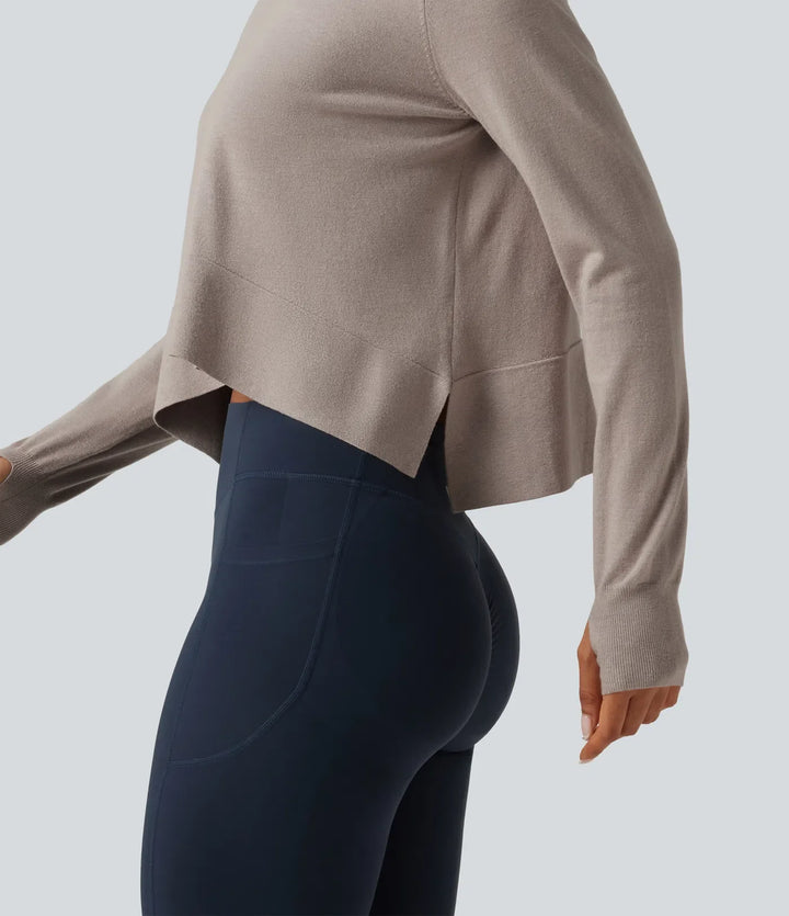 Round Neck Long Sleeve Asymmetric Thumb Holes Casual Jumper